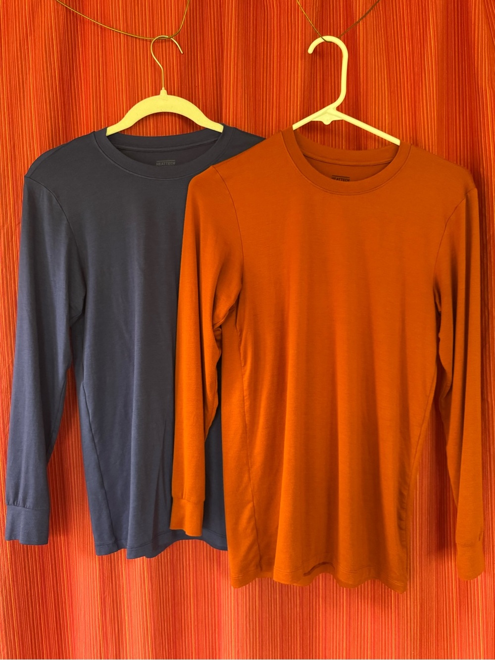 Uniqlo Two Long-Sleeve Heattech Crewneck Shirts - Rust Orange & Slate Blue XS
